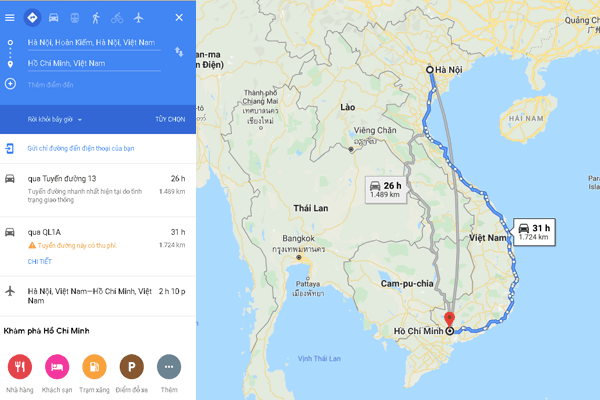 Tuyến đường Hà Nội - HCM 1724km qua Quốc lộ 14 và Quốc lộ 1A. Ảnh GG map