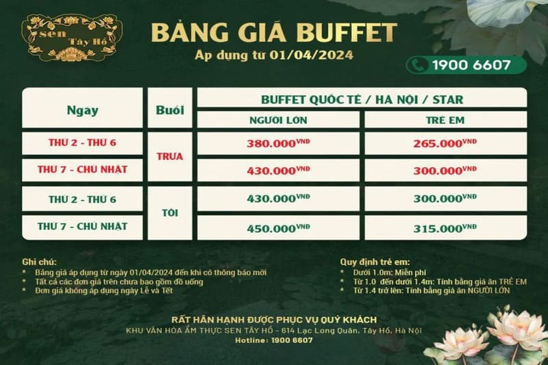 Bảng giá Buffet Sen Tây Hồ mới nhất