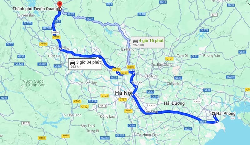 Khoảng cách từ Hải Phòng đến Tuyên Quang là 238-250 km