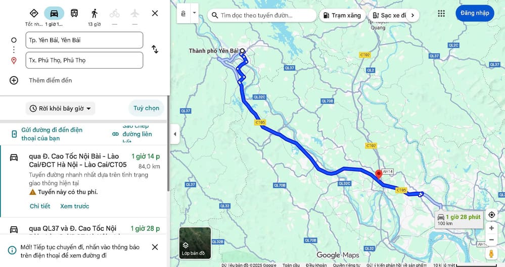 Khoảng cách từ Phú Thọ đến Yên Bái