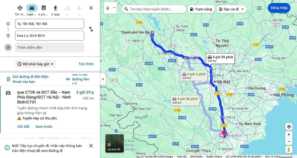 Yên Bái cách Ninh Bình khoảng 250km