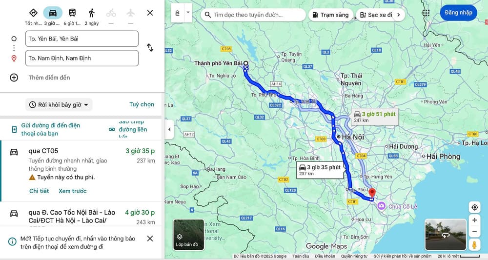 Khoảng cách từ Nam Định đến Yên Bái