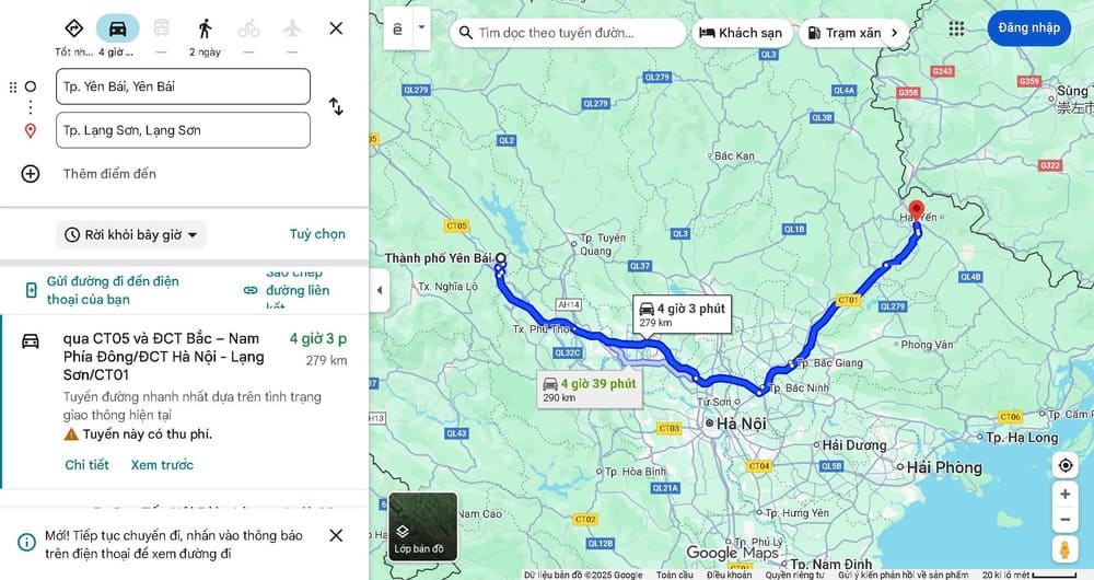 Khoảng cách từ Yên Bái đến Lạng Sơn