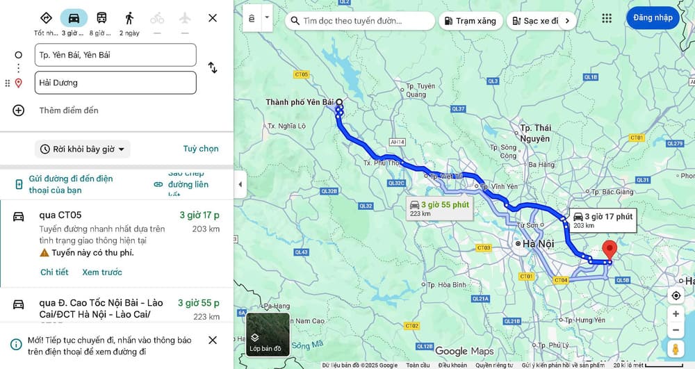 Khoảng cách từ Hải Dương đến Yên Bái