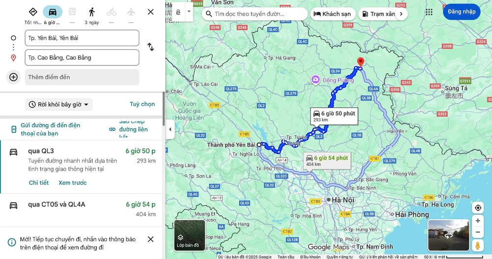 Khoảng cách Yên Bái đến Cao Bằng