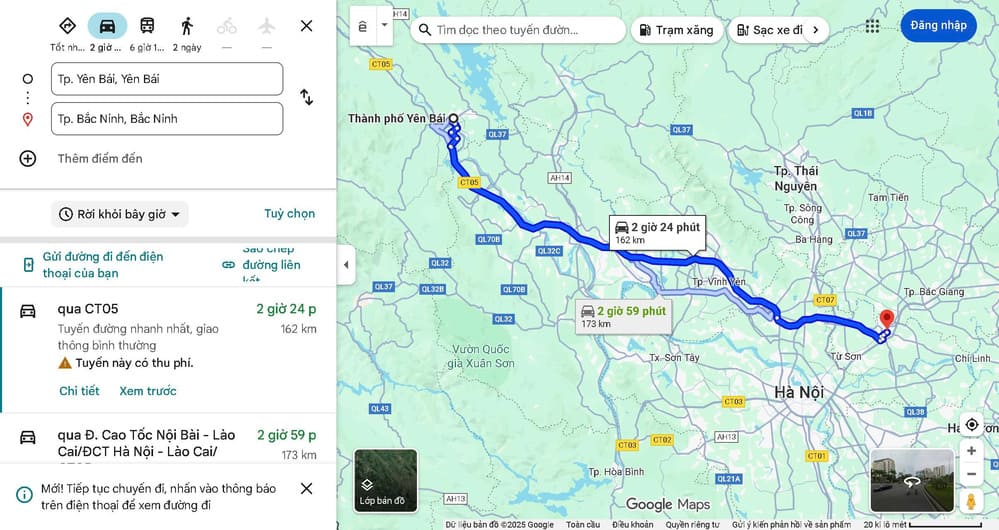 Yên Bái cách Bắc Ninh khoảng 158-180km