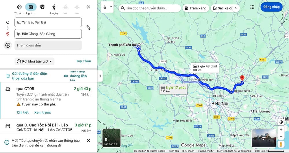 Khoảng cách và thời gian di chuyển từ Yên Bái đến Bắc Giang