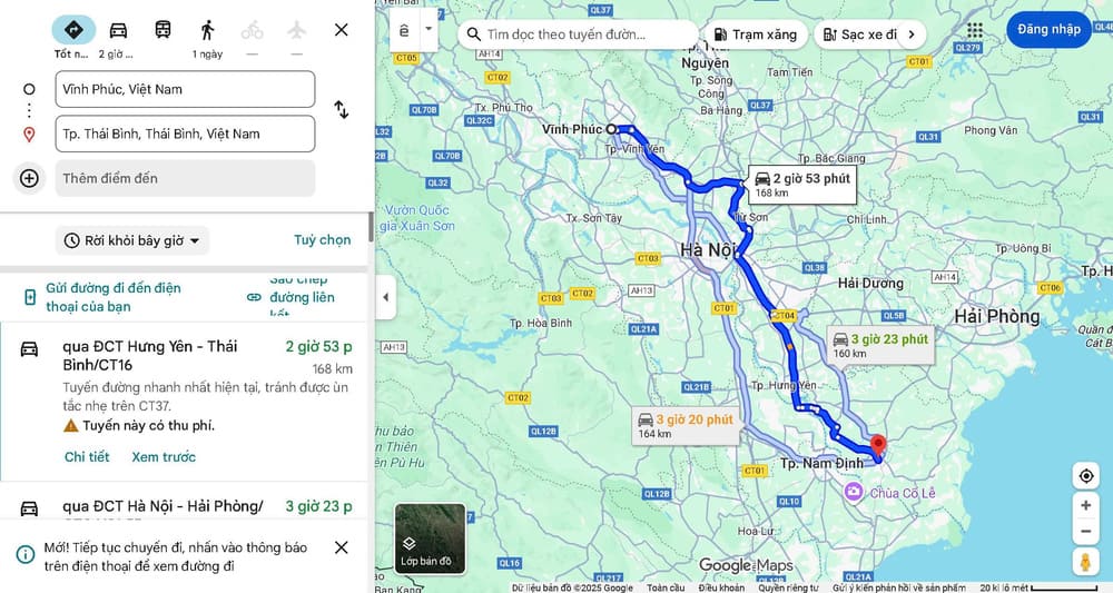 Khoảng cách từ Vĩnh Phúc đến Thái Bình