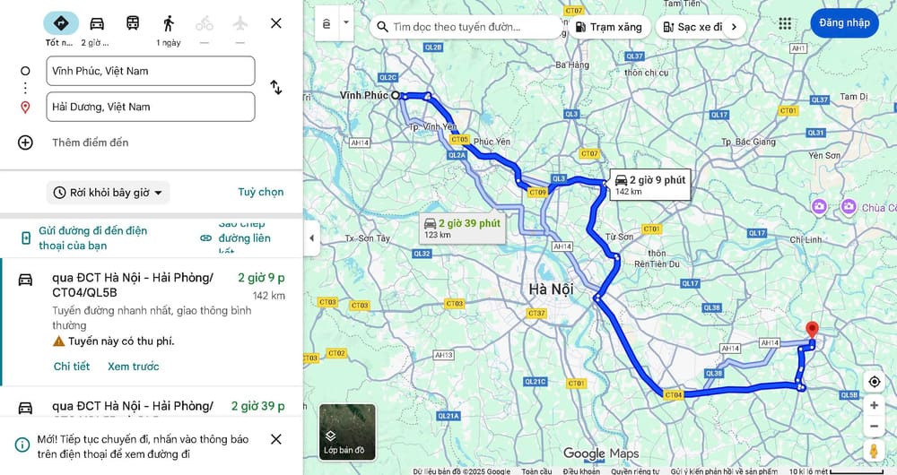 Khoảng cách từ Vĩnh Phúc (Vĩnh Yên) đến Hải Dương