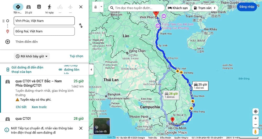 Vĩnh Phúc cách Đồng Nai bao nhiêu km?
