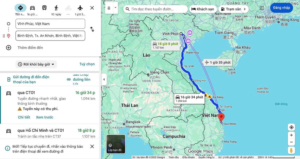 Vĩnh Phúc cách Bình Định bao nhiêu km?