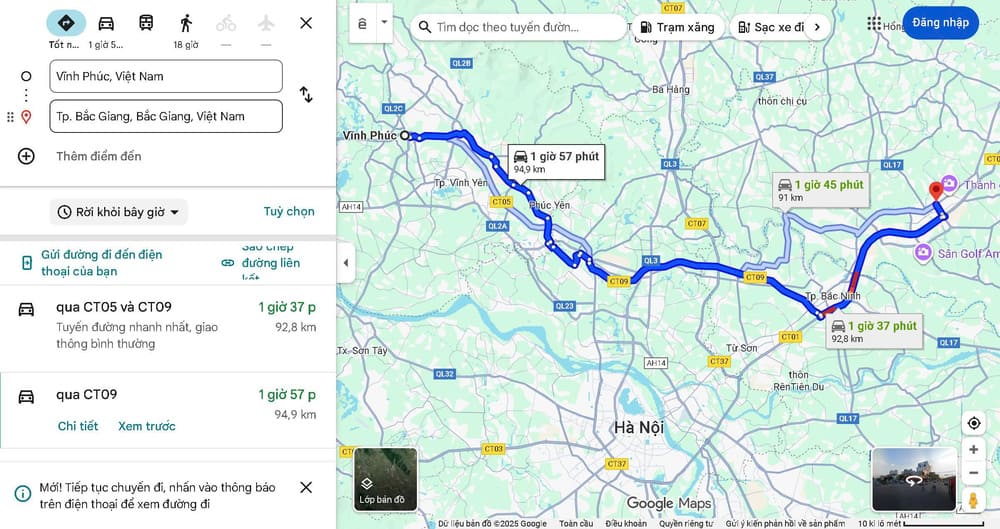Vĩnh Phúc cách Bắc Giang bao nhiêu km?