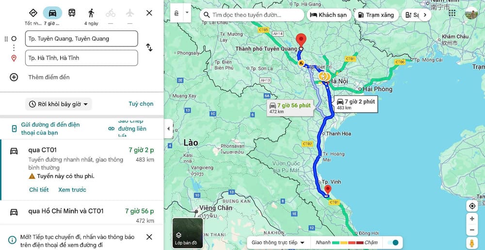 Tuyên Quang cách Hà Tĩnh bao nhiêu km?