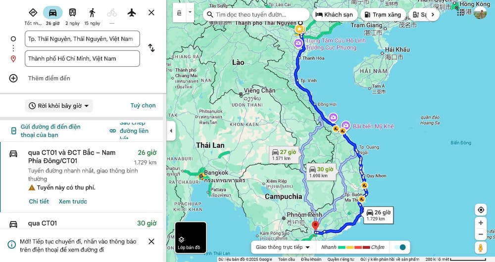 Thái Nguyên cách TPHCM bao nhiêu km?