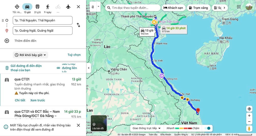 Thái Nguyên Cách Quảng Ngãi Bao Nhiêu Km?