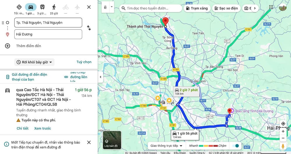 Thái Nguyên cách Hải Dương khoảng 83km