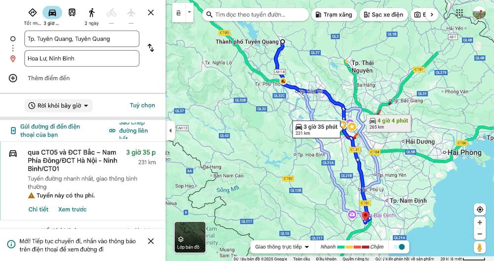 Khoảng cách từ tp Tuyên Quang đến thành phố Ninh Bình